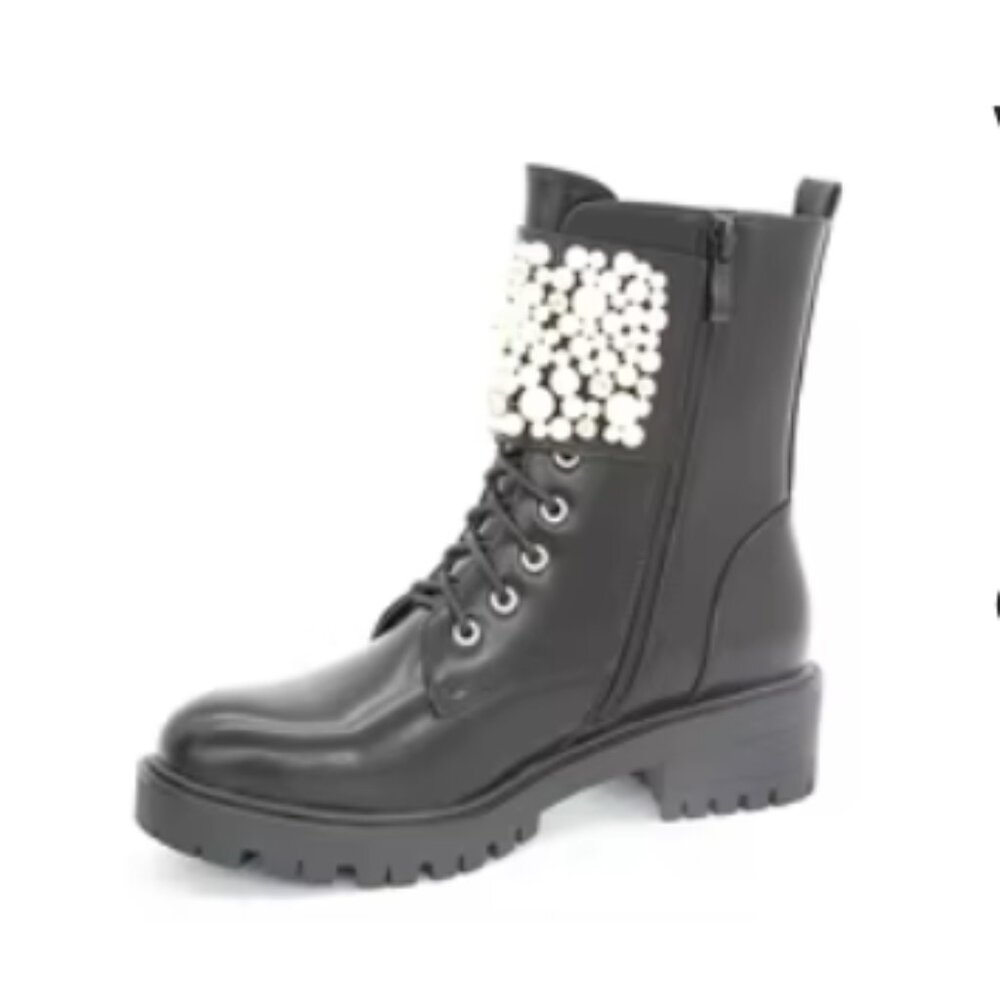SHEIN Pearl & Rhinestone Décor Combat Boots (Size 7) * Black
